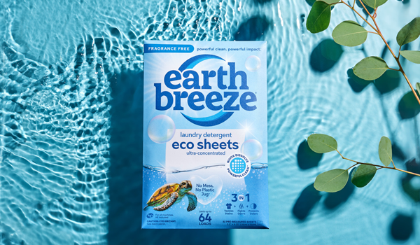 Earth Breeze packaging over blue water